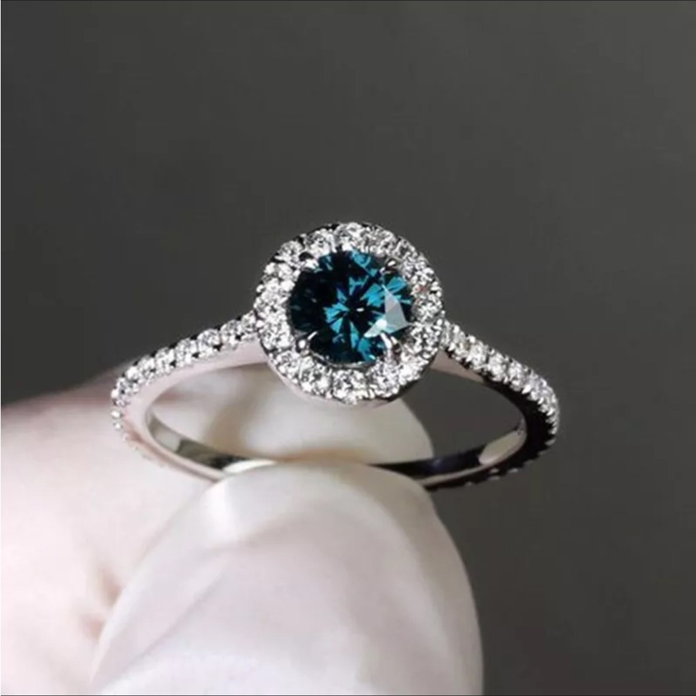 💍 Silver Petite Brilliant Cut Teal CZ Diamond Halo Ring